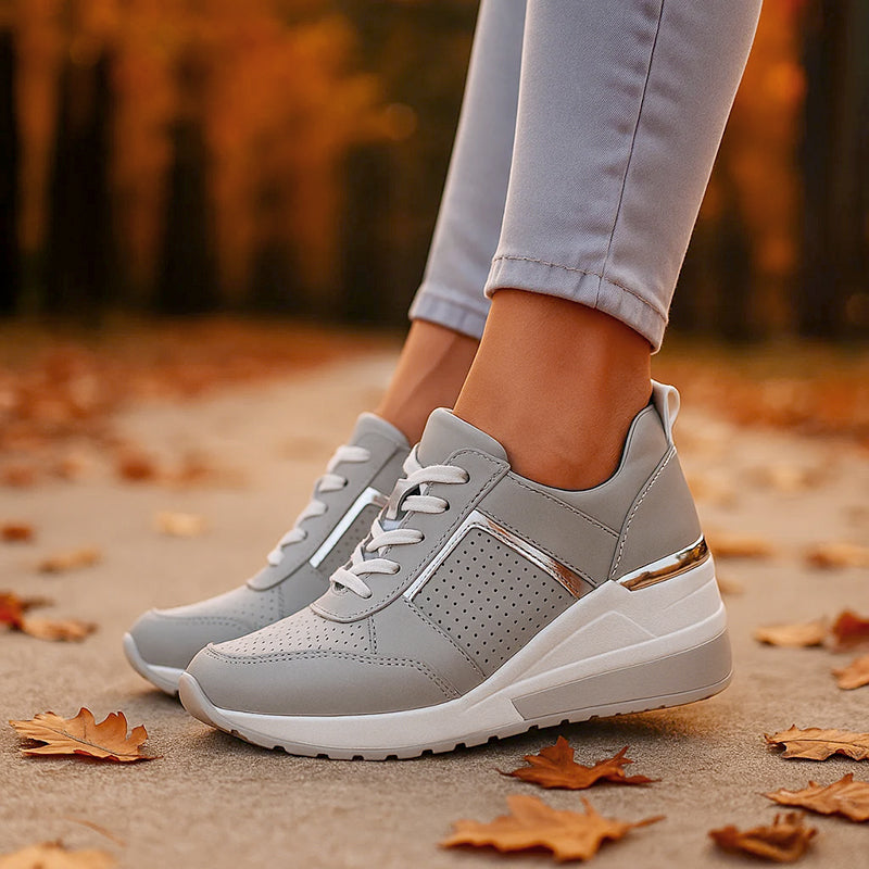 Women's Hidden Wedge Sneakers – Perforated Lace-Up Casual Shoes