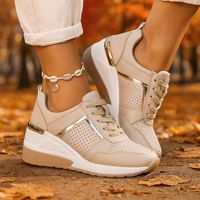 Women's Hidden Wedge Sneakers – Perforated Lace-Up Casual Shoes