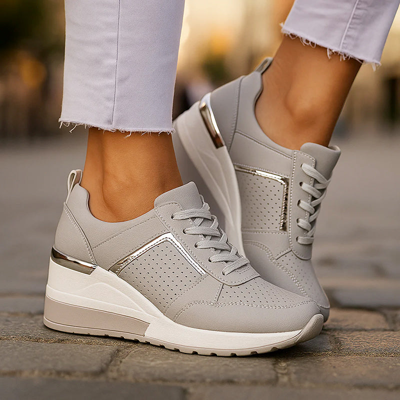 Women's Hidden Wedge Sneakers – Perforated Lace-Up Casual Shoes