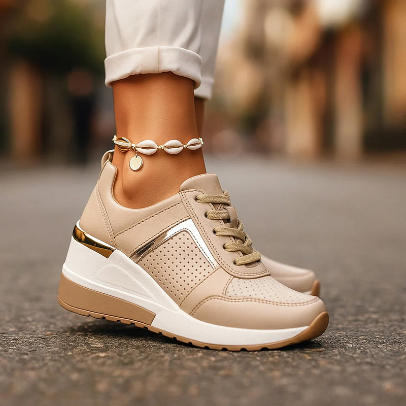 Women's Hidden Wedge Sneakers – Perforated Lace-Up Casual Shoes