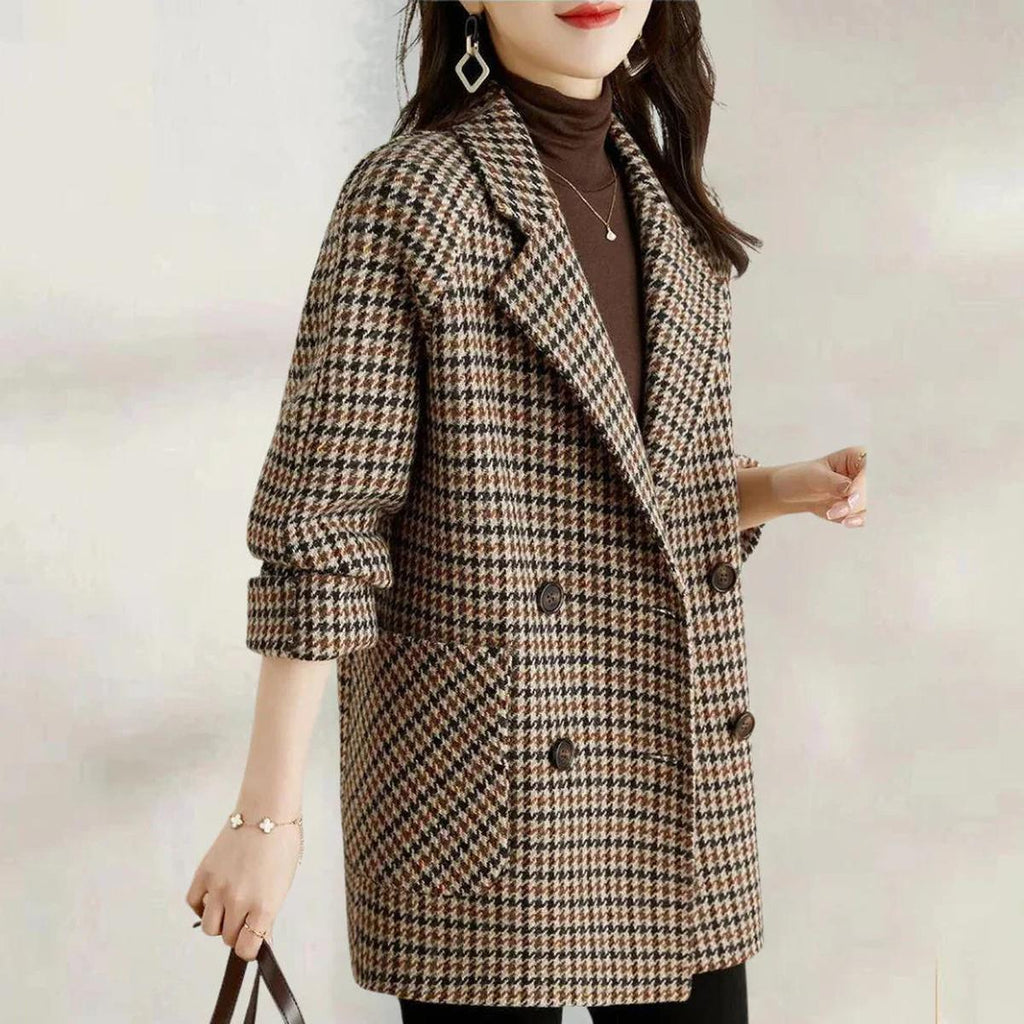 Women's Vintage Check Double-Breasted Coat – Structured Plaid Overcoat