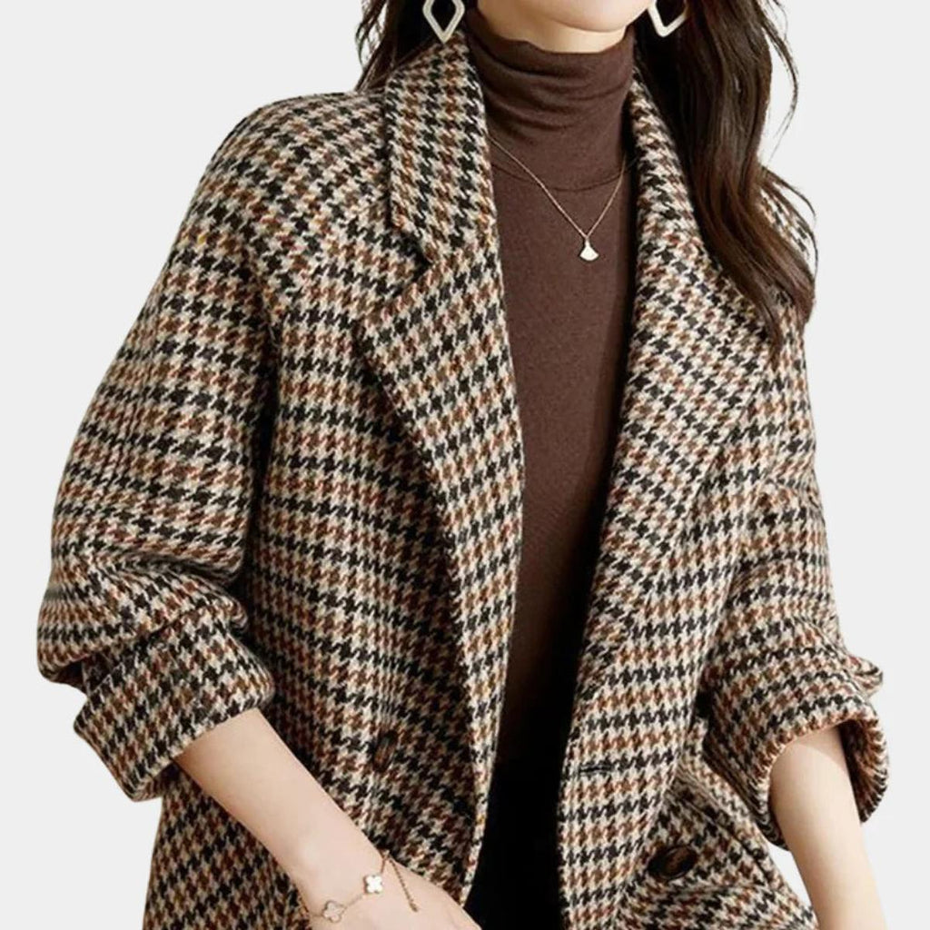 Women's Vintage Check Double-Breasted Coat – Structured Plaid Overcoat