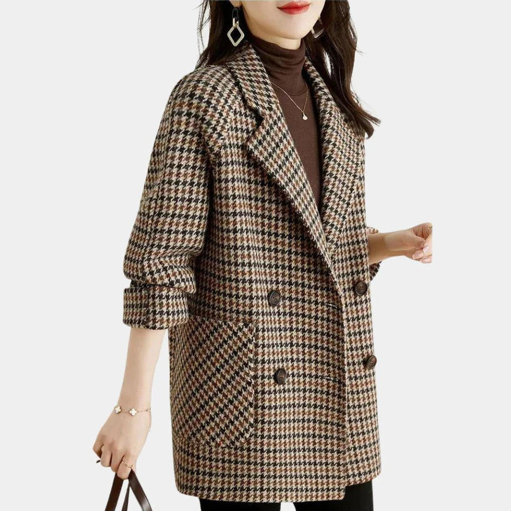 Women's Vintage Check Double-Breasted Coat – Structured Plaid Overcoat