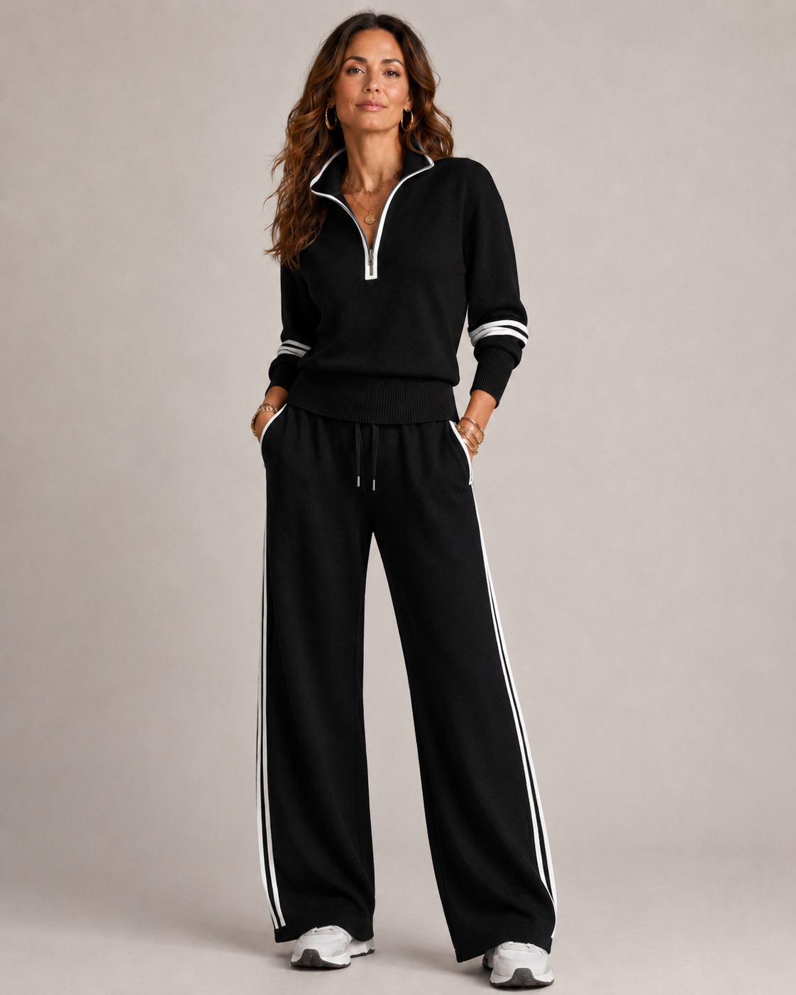 Women's Knitted Quarter-Zip Lounge Set – Two-Piece Top & Wide Leg Pants