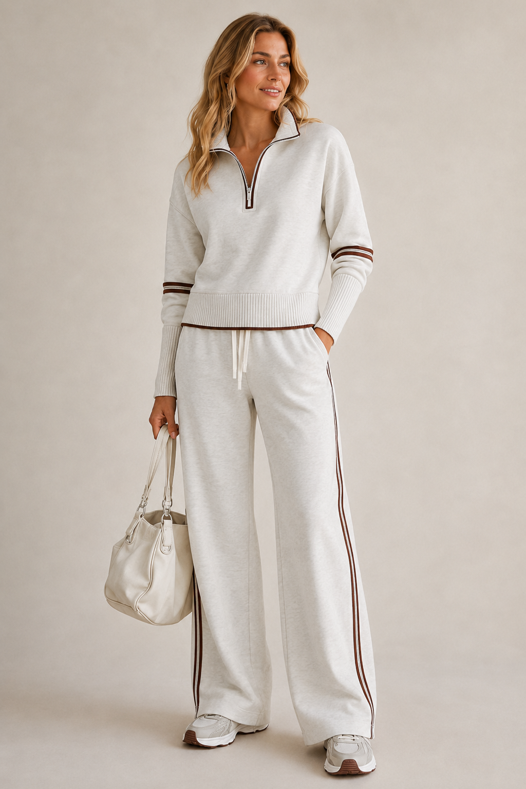 Women's Knitted Quarter-Zip Lounge Set – Two-Piece Top & Wide Leg Pants