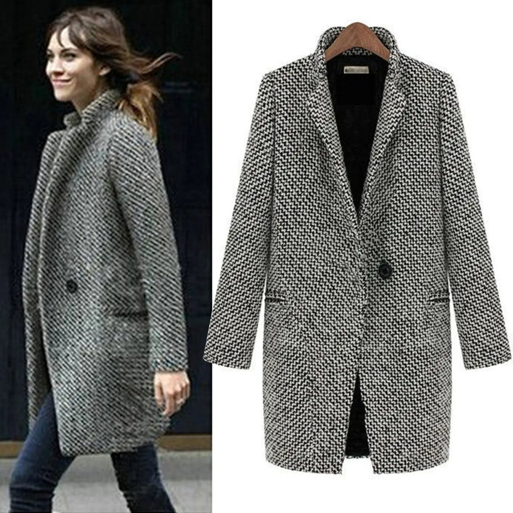 Women's Long V-Neck Coat – Single Button Elegant Winter Overcoat
