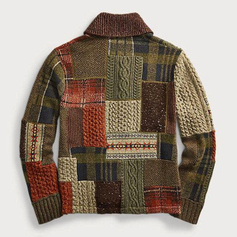 Men's Patchwork Knit Cardigan – Shawl Collar Button-Front Sweater