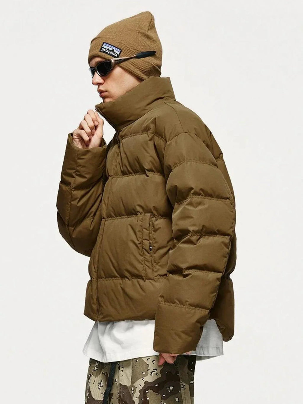 Men's Cropped Puffer Jacket with High Collar – Padded Zip-Up Winter Jacket
