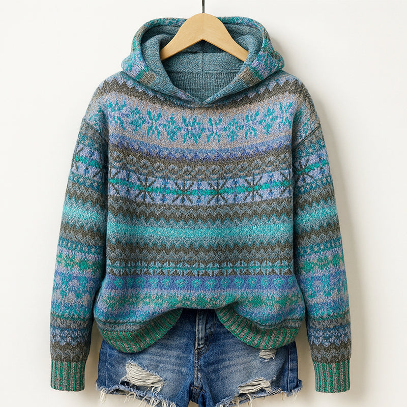 Women's Fair Isle Knit Hoodie – Cozy Patterned Pullover Sweater