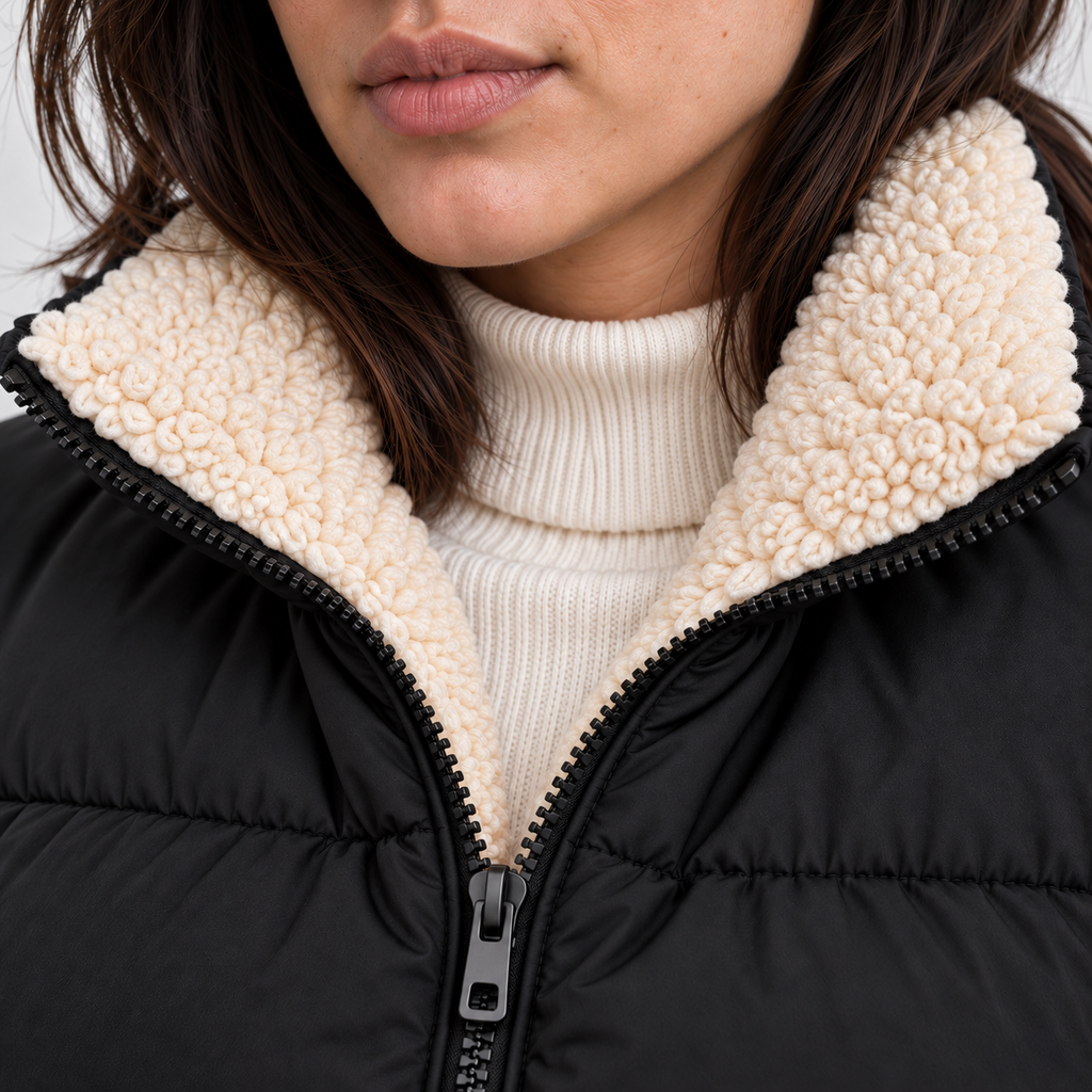 Women's Short Puffer Jacket with Sherpa Collar – High Neck Full Zip