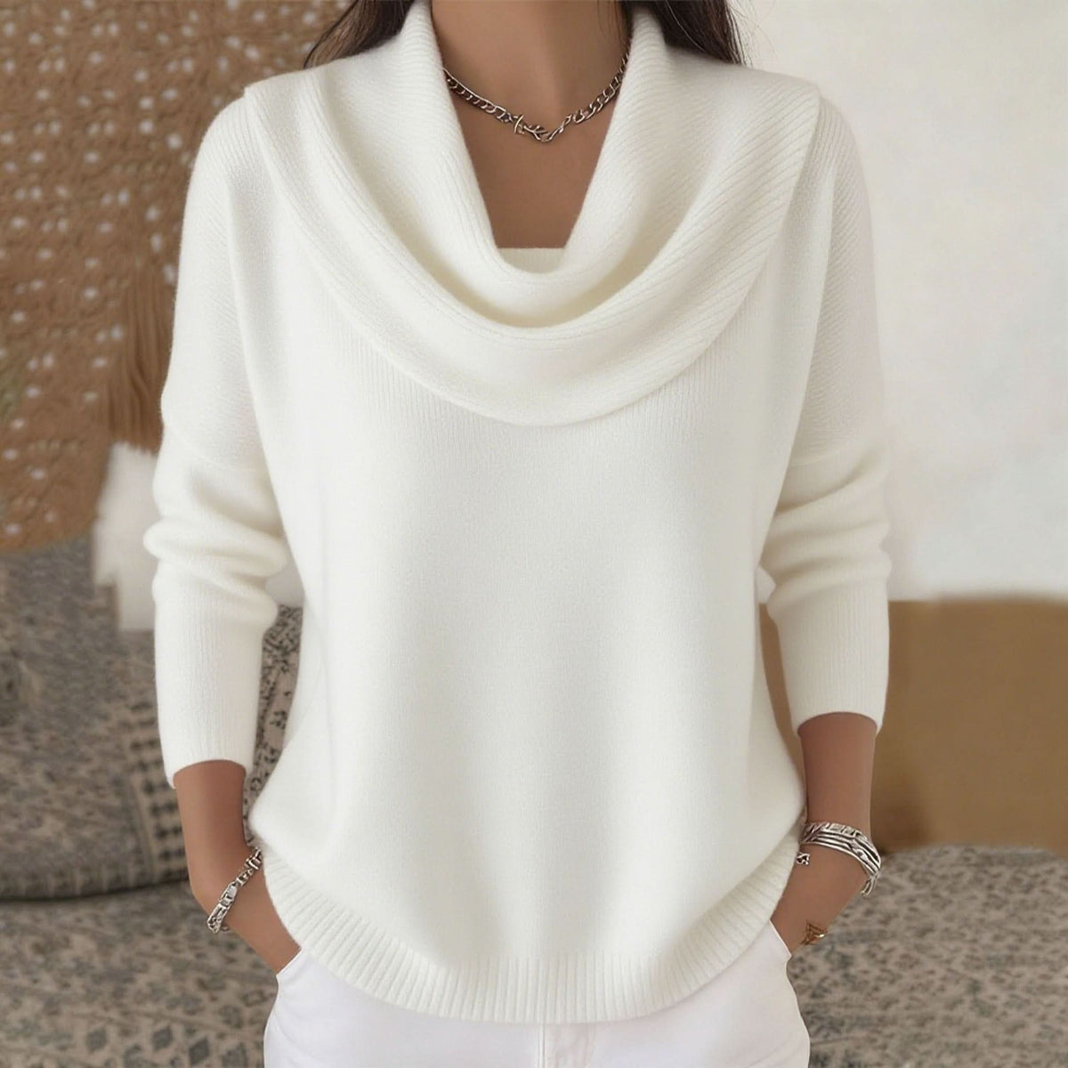 Women's Cowl Neck Knit Sweater – Relaxed Fit Soft Pullover