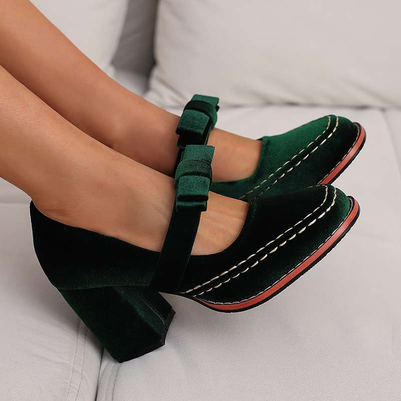 Women's Velvet Bow Loafers – Block Heel Slip-On Shoes