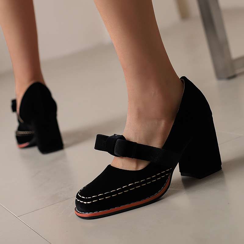 Women's Velvet Bow Loafers – Block Heel Slip-On Shoes