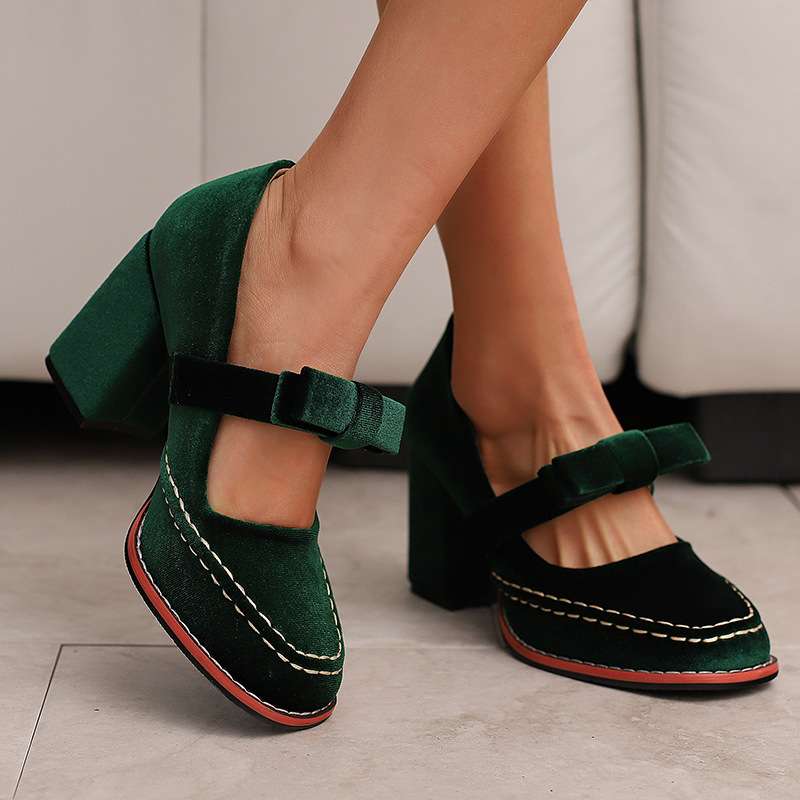 Women's Velvet Bow Loafers – Block Heel Slip-On Shoes