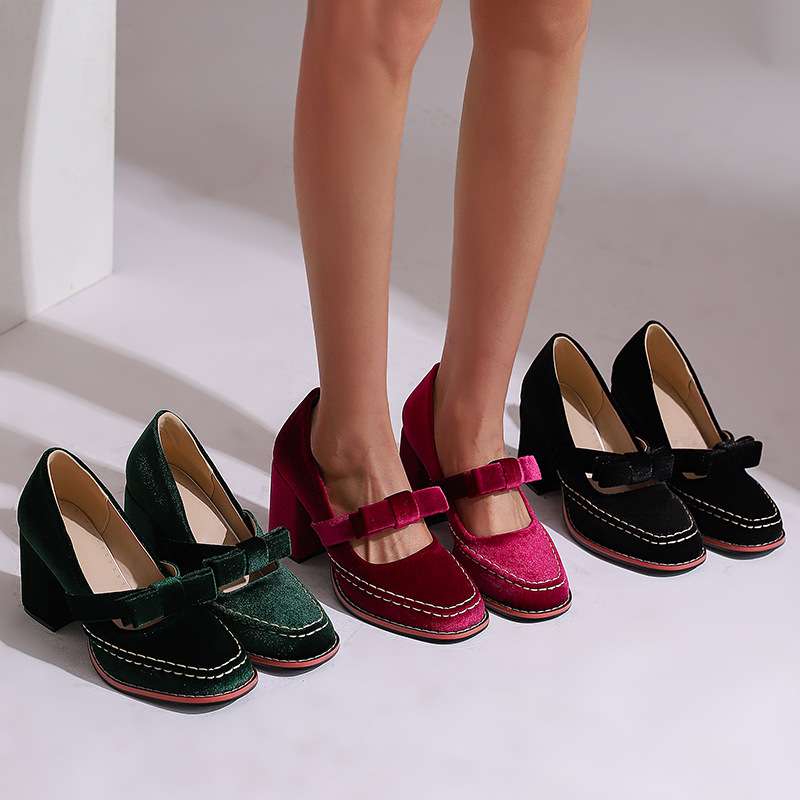 Women's Velvet Bow Loafers – Block Heel Slip-On Shoes