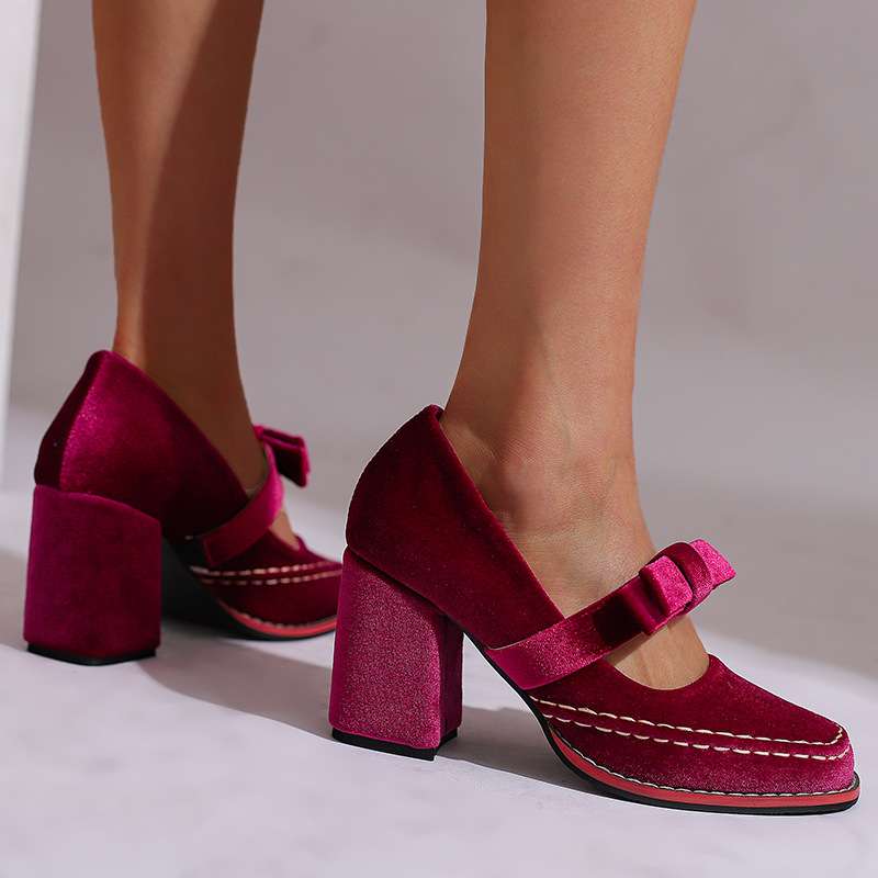 Women's Velvet Bow Loafers – Block Heel Slip-On Shoes