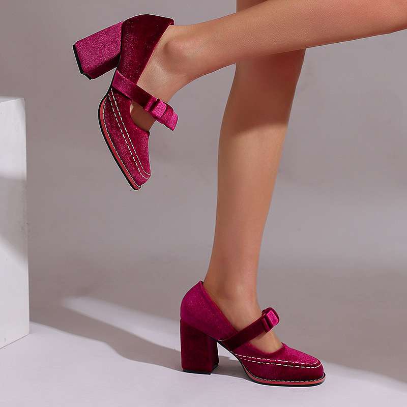 Women's Velvet Bow Loafers – Block Heel Slip-On Shoes