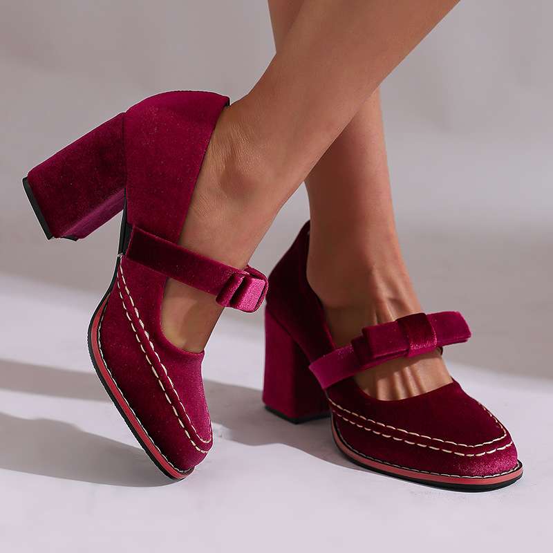 Women's Velvet Bow Loafers – Block Heel Slip-On Shoes