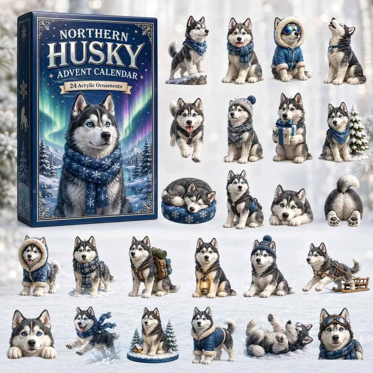 Aspen | Husky Christmas Advent Calendar with 24 Winter Dog Tree Ornaments