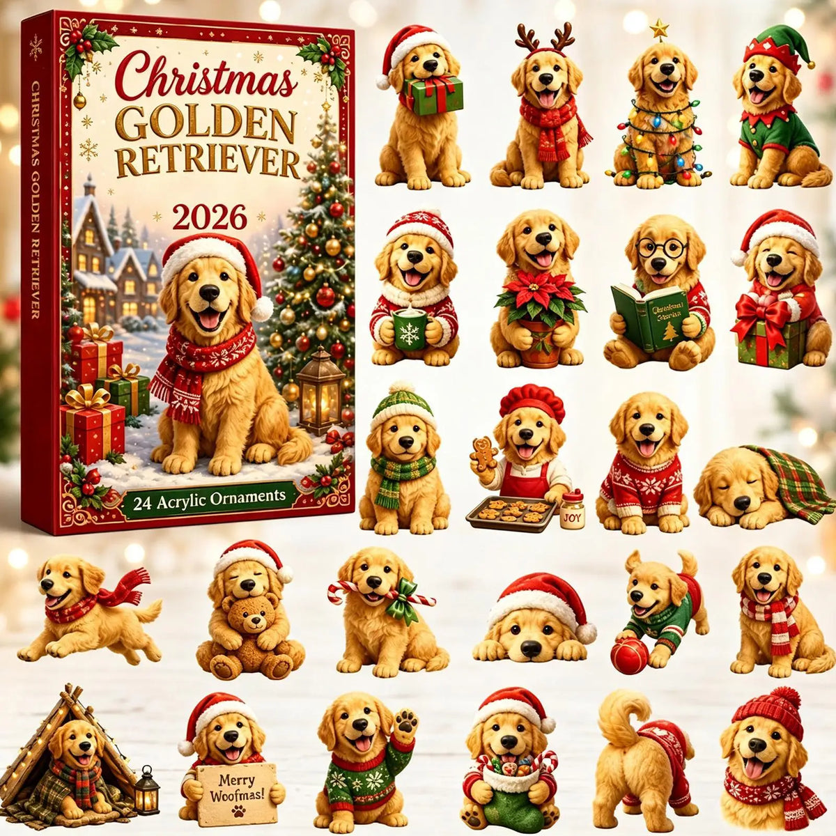 Goldie | Golden Retriever Christmas Advent Calendar with 24 Puppy Tree Ornaments