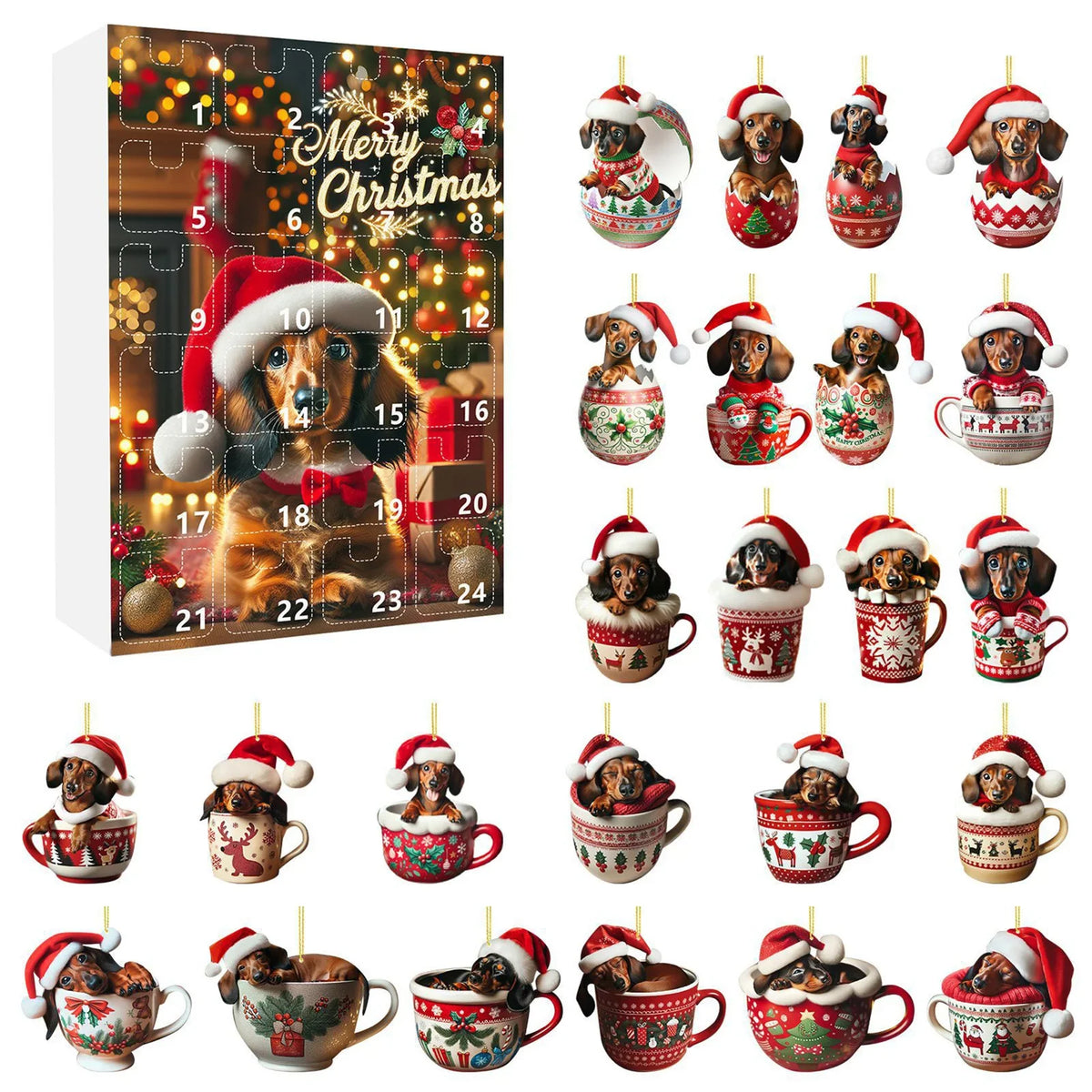 Pippa | Dachshund Christmas Advent Calendar with 24 Sausage Dog Tree Ornaments
