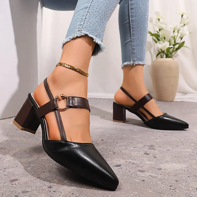 Women's Block Heel Pumps – Gold Ring Strap Detail Heels