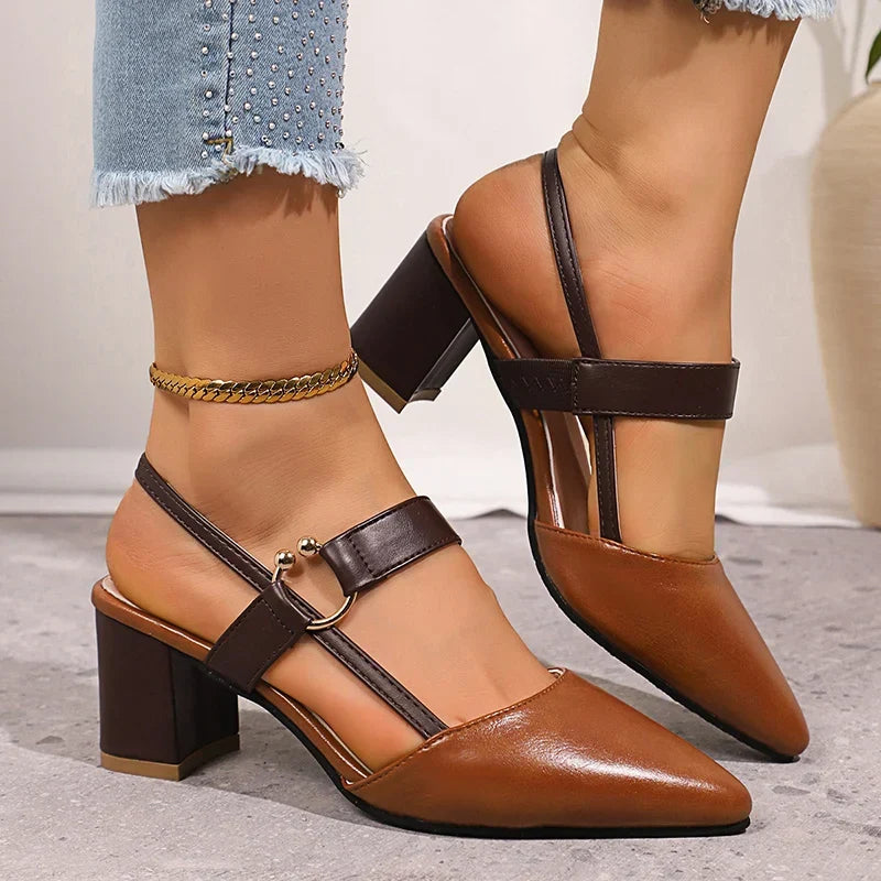 Women's Block Heel Pumps – Gold Ring Strap Detail Heels