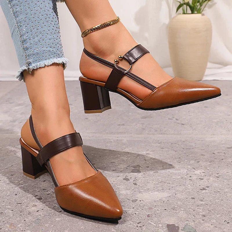 Women's Block Heel Pumps – Gold Ring Strap Detail Heels
