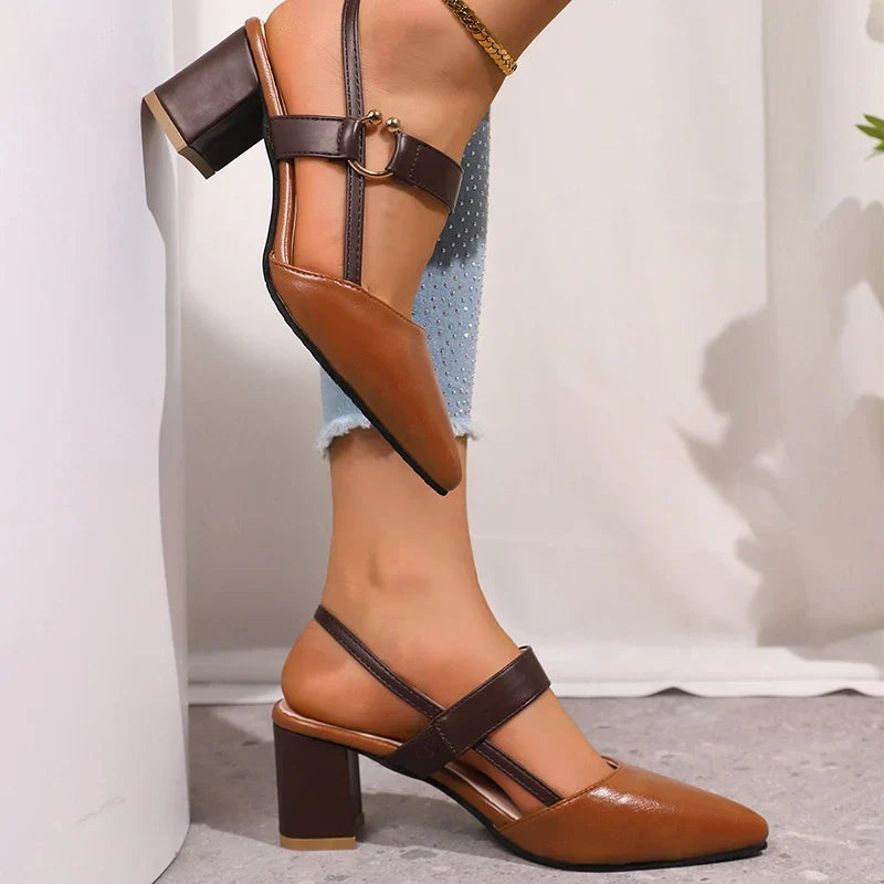 Women's Block Heel Pumps – Gold Ring Strap Detail Heels