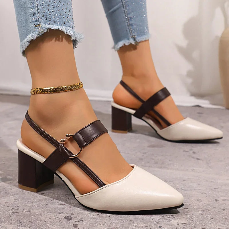 Women's Block Heel Pumps – Gold Ring Strap Detail Heels