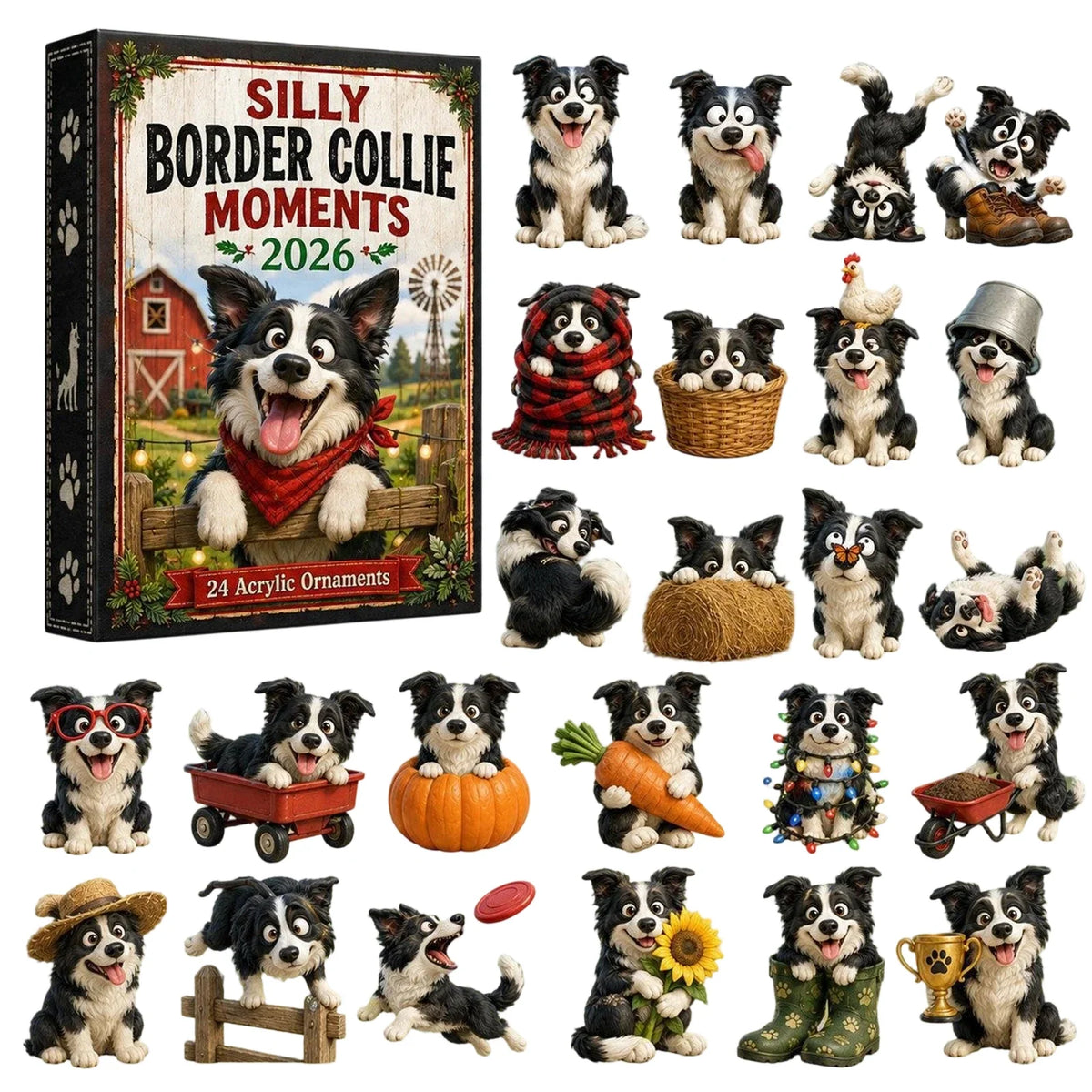 Molly | Border Collie Christmas Advent Calendar with 24 Farm Dog Tree Ornaments