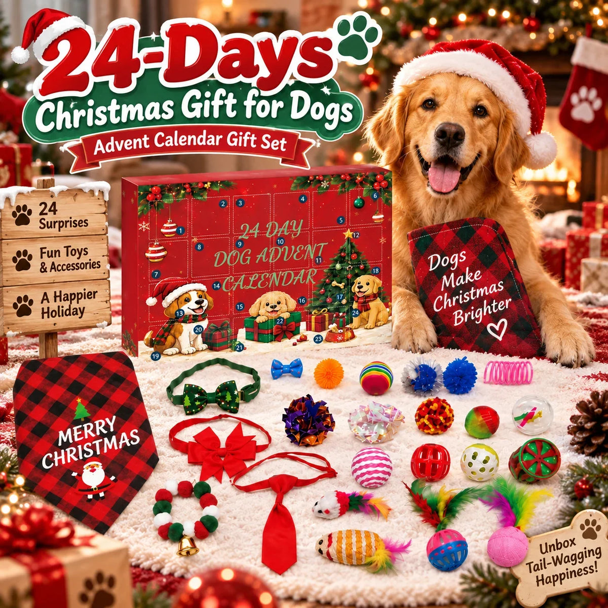Buddy | Dog Christmas Advent Calendar with 24 Pet Toys and Holiday Accessories