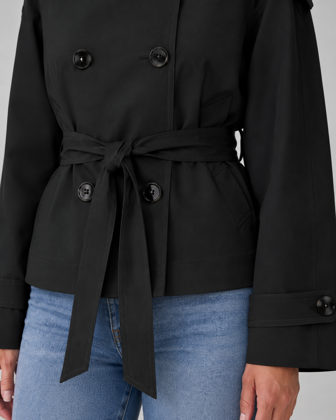 Women's Cropped Trench Jacket – Funnel Neck Double-Breasted Belted Coat