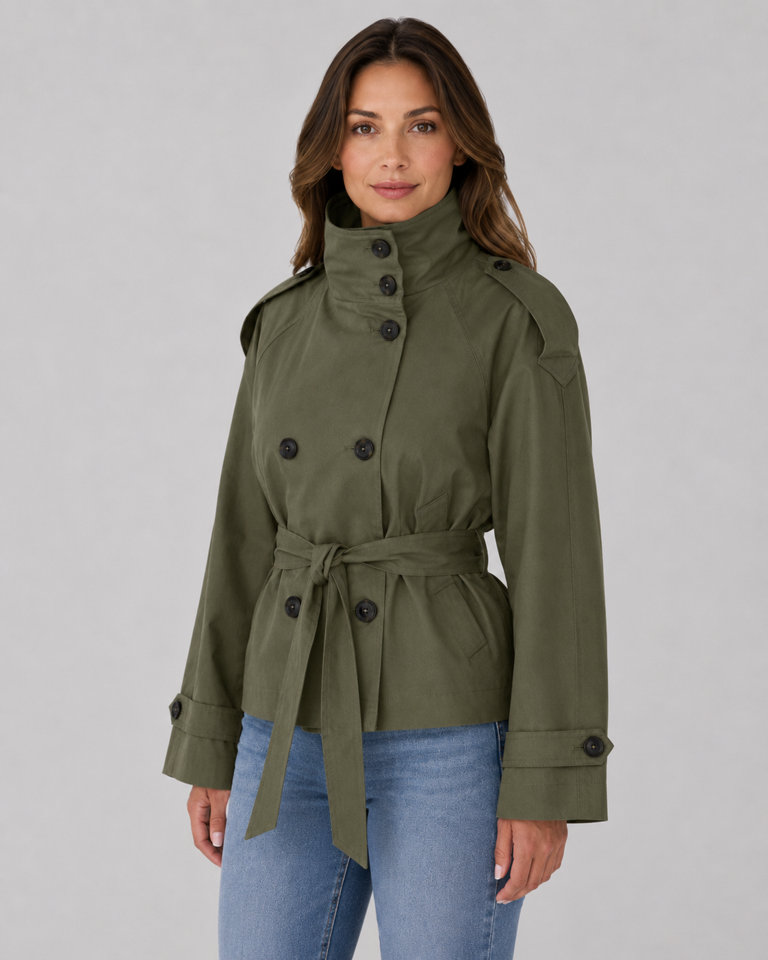 Women's Cropped Trench Jacket – Funnel Neck Double-Breasted Belted Coat