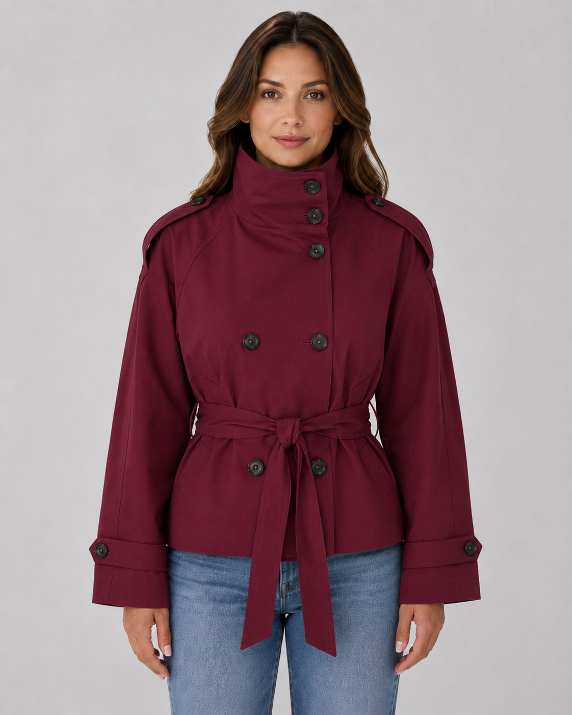 Women's Cropped Trench Jacket – Funnel Neck Double-Breasted Belted Coat