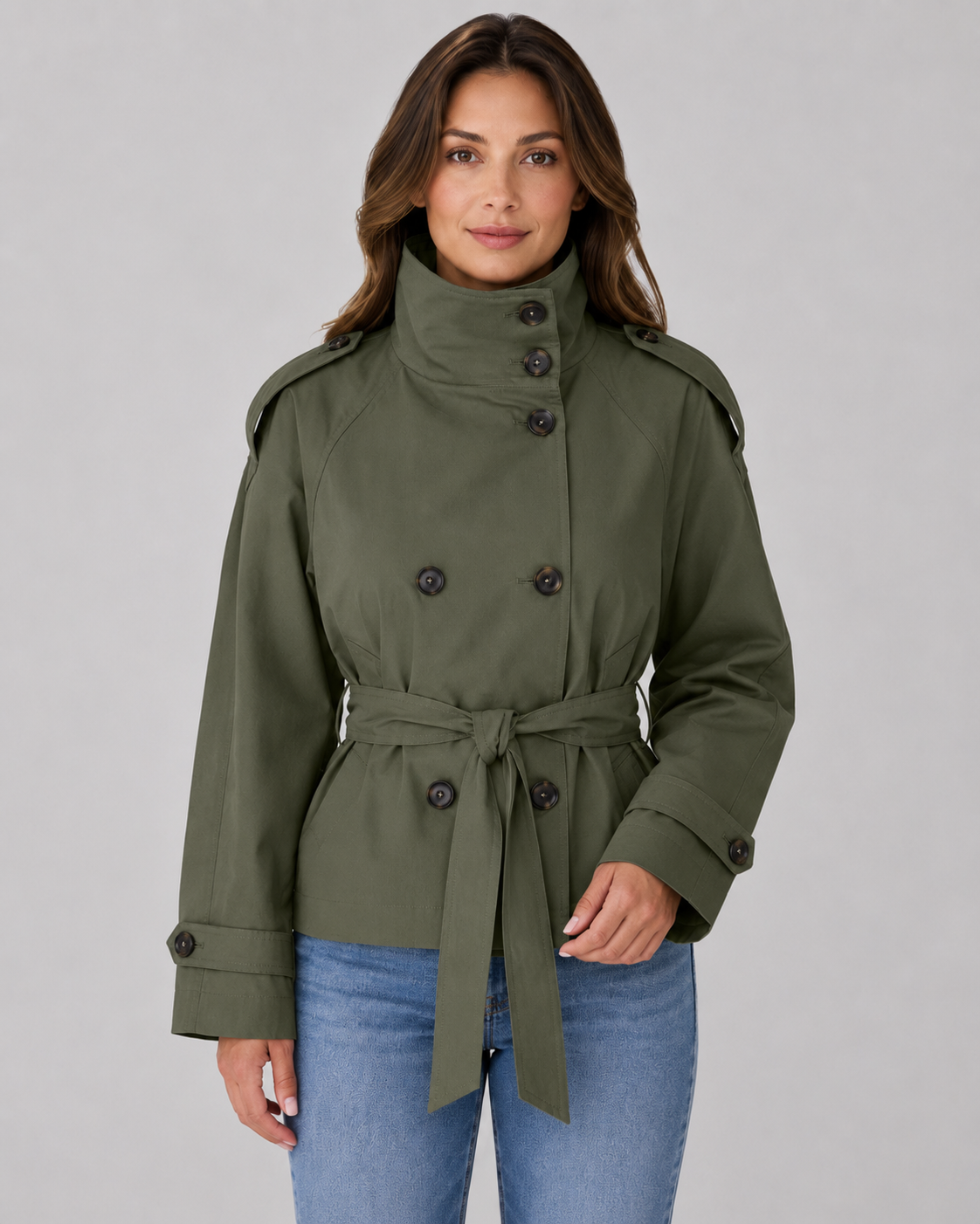 Women's Cropped Trench Jacket – Funnel Neck Double-Breasted Belted Coat