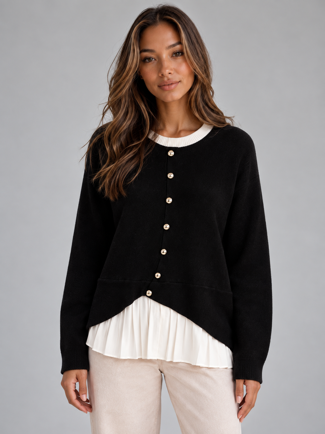 Women's Layered Knit Cardigan – Pleated Shirt Hem Button Front Sweater