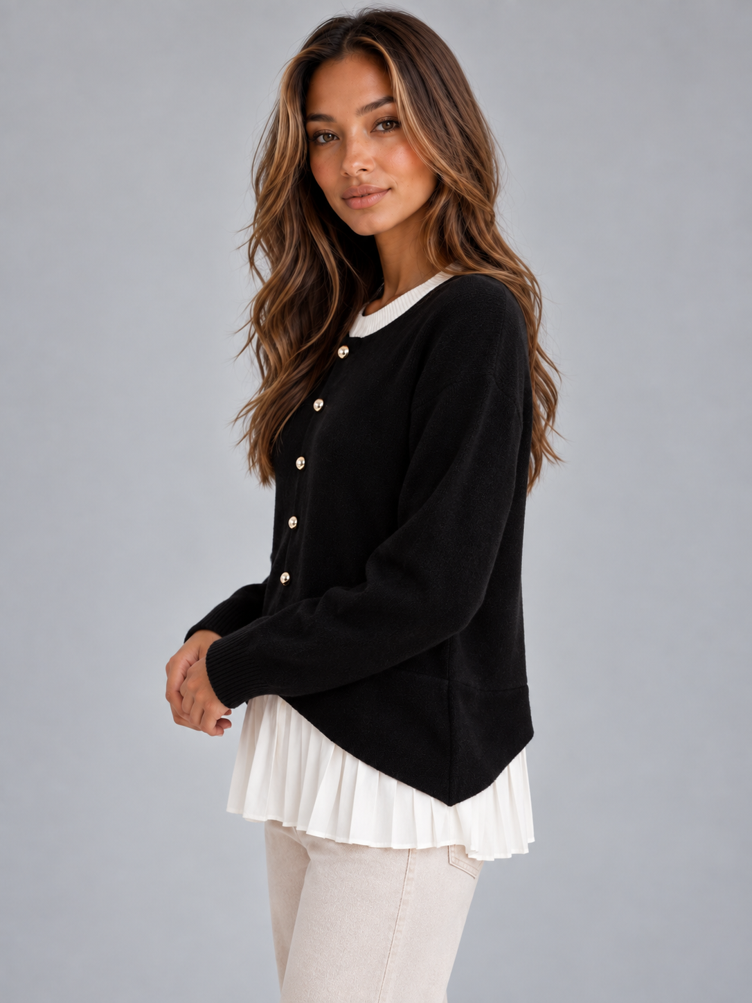 Women's Layered Knit Cardigan – Pleated Shirt Hem Button Front Sweater