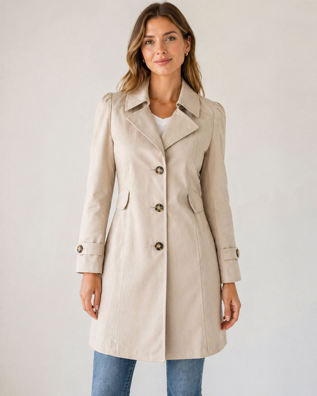 Women's Short Trench Coat – Button Front Tailored Jacket with Shaped Waist
