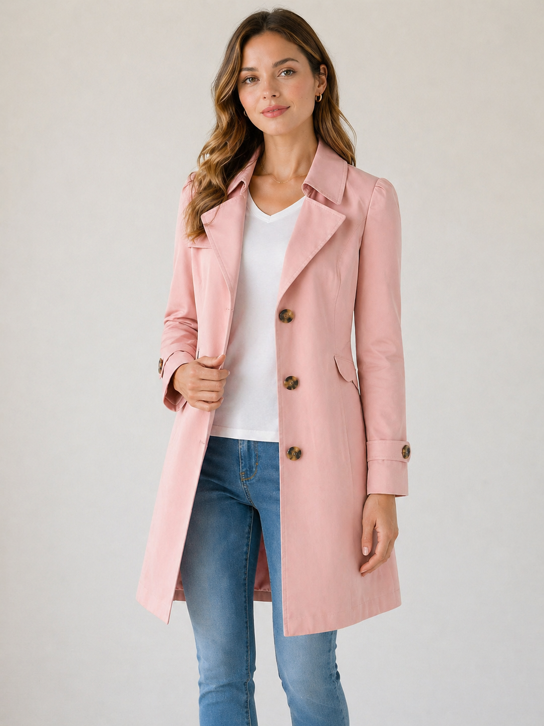 Women's Short Trench Coat – Button Front Tailored Jacket with Shaped Waist