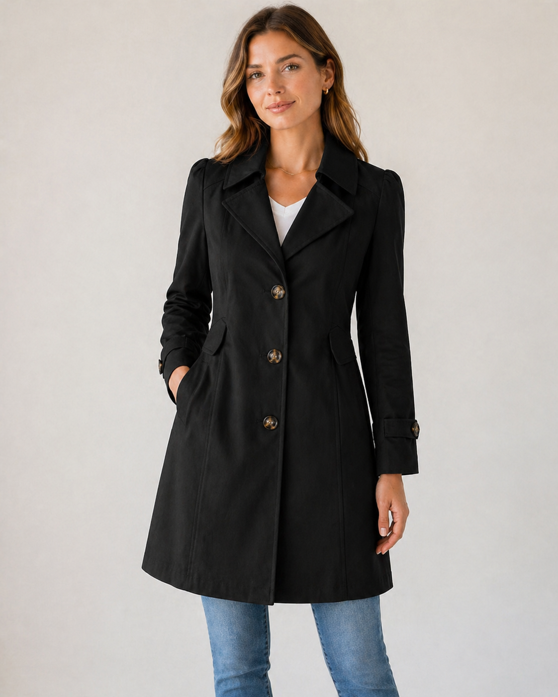 Women's Short Trench Coat – Button Front Tailored Jacket with Shaped Waist