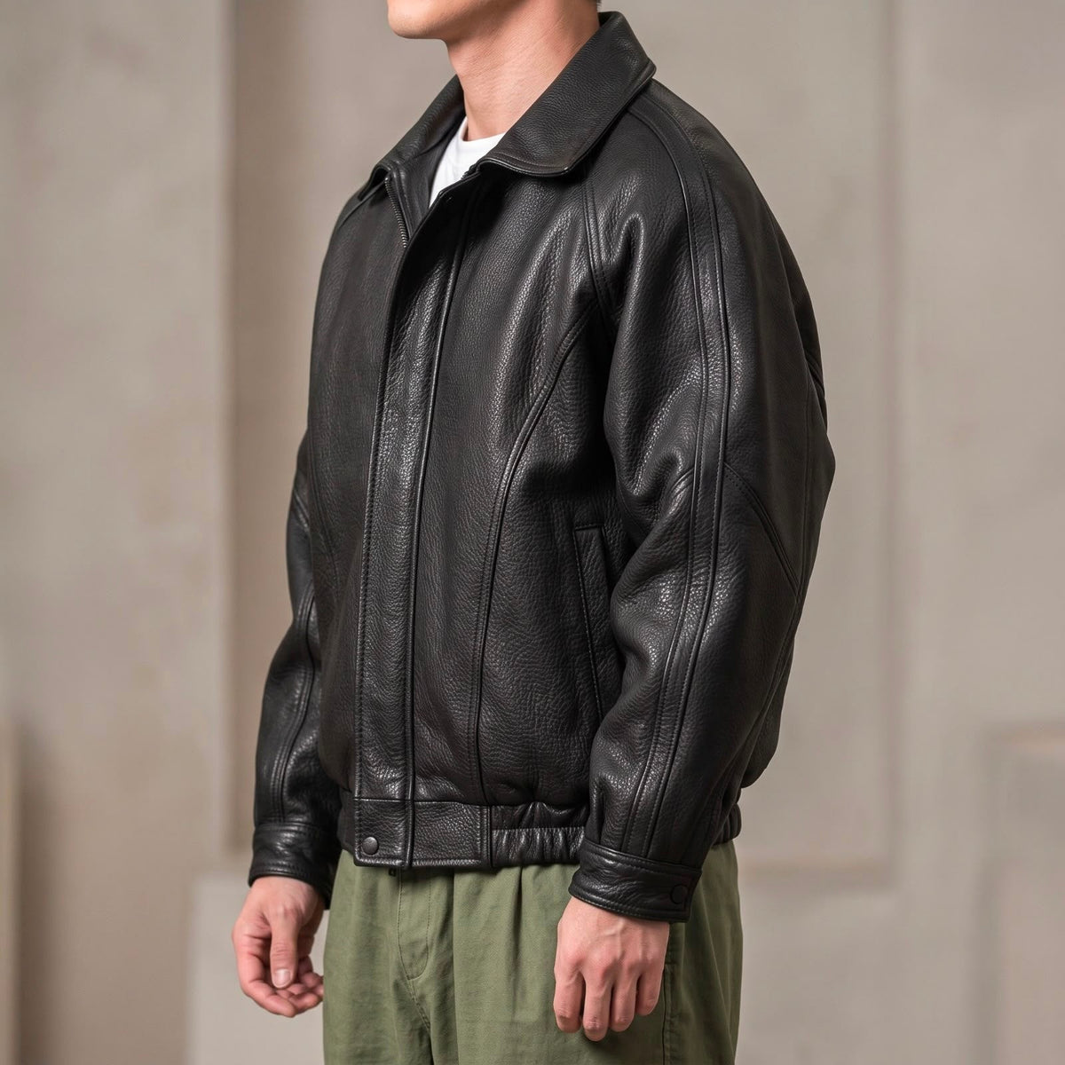 Men's Leather-Look Zip Jacket – Structured Collar Spring & Autumn Layer