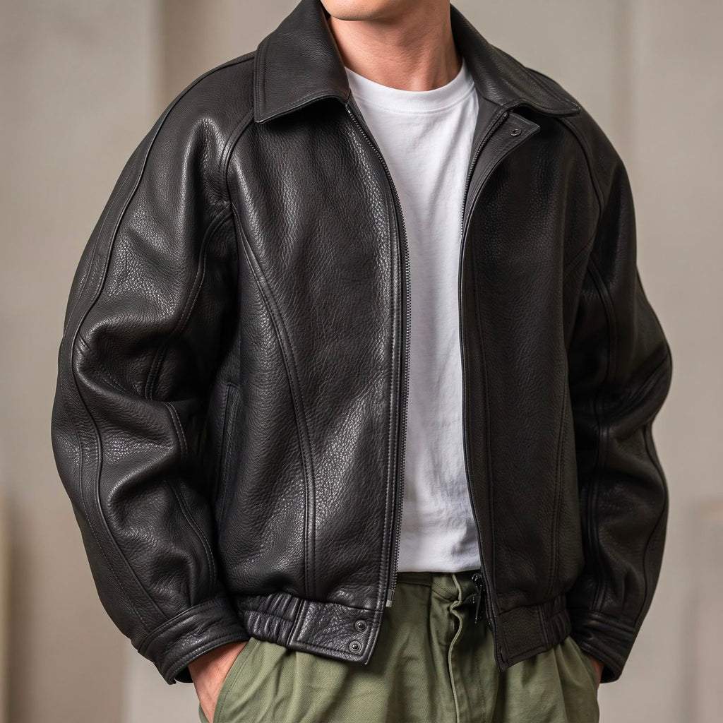 Men's Leather-Look Zip Jacket – Structured Collar Spring & Autumn Layer