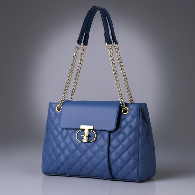 Women's Quilted Chain Handle Bag – Structured Turn-Lock Handbag