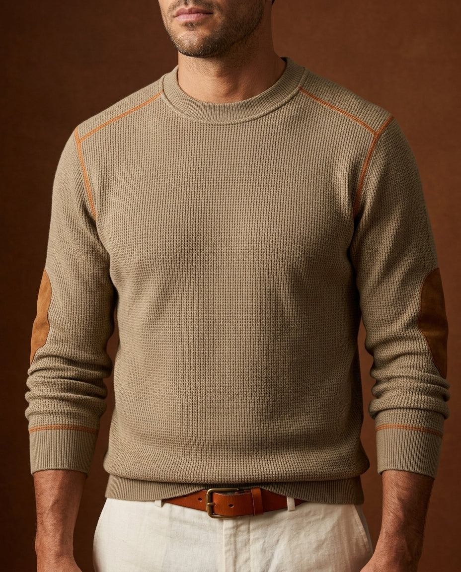 Men's Waffle Knit Sweater with Elbow Patches – Textured Crew Neck Pullover