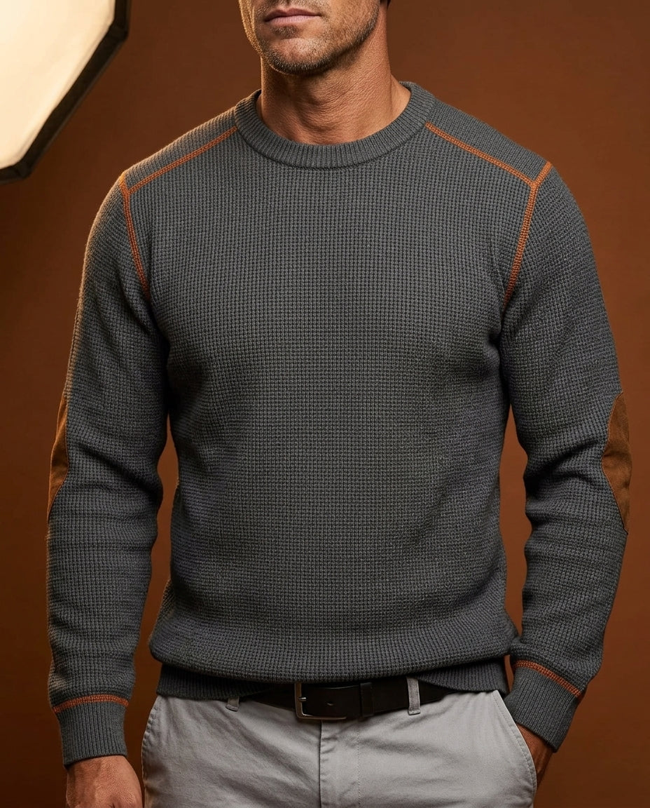 Men's Waffle Knit Sweater with Elbow Patches – Textured Crew Neck Pullover
