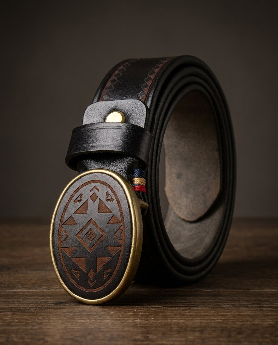 Men's Engraved Belt – Classic Metal Buckle Everyday Belt