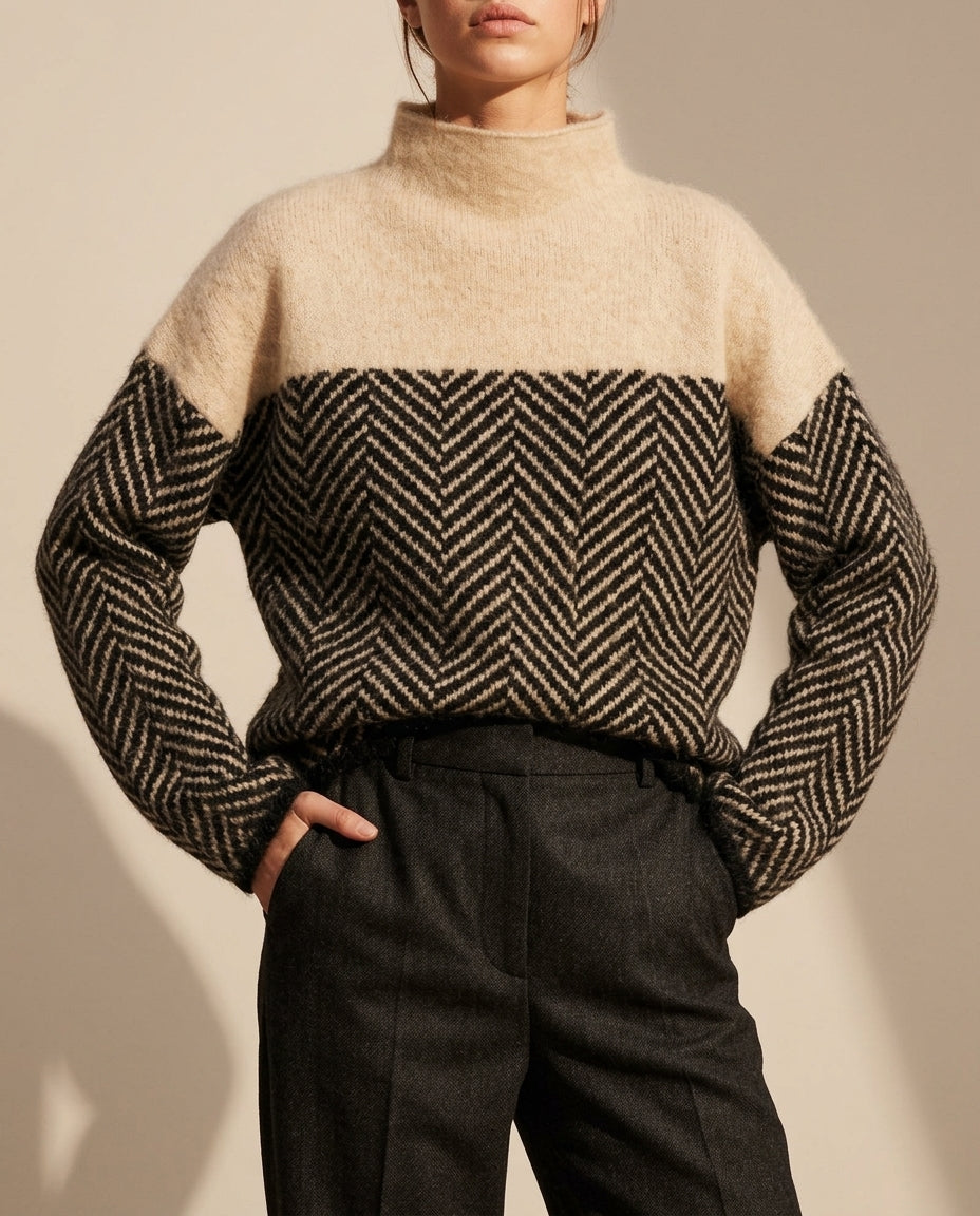 Women's Herringbone Mock Neck Sweater – Two-Tone Relaxed Knit