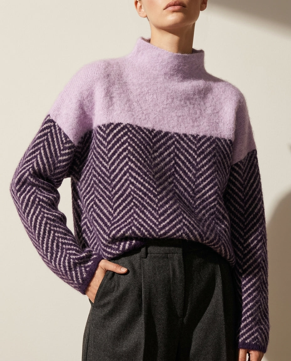 Women's Herringbone Mock Neck Sweater – Two-Tone Relaxed Knit