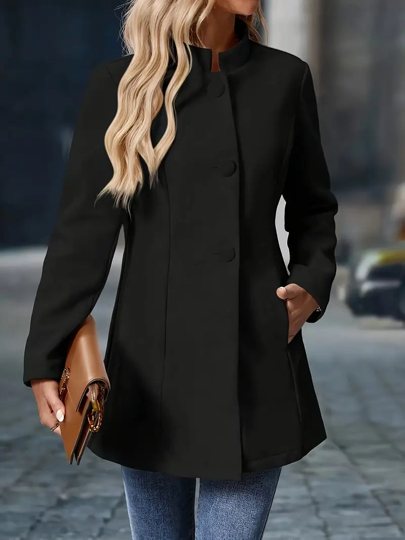 Women's Stand Collar Longline Blazer – Tailored Button-Front Office Jacket